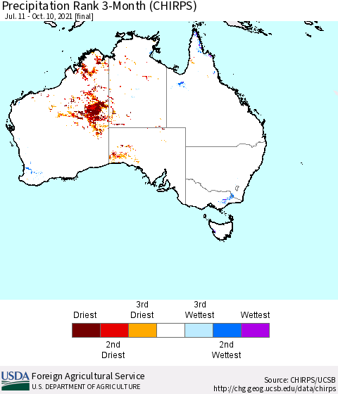 Australia Precipitation Rank since 1981, 3-Month (CHIRPS) Thematic Map For 7/11/2021 - 10/10/2021