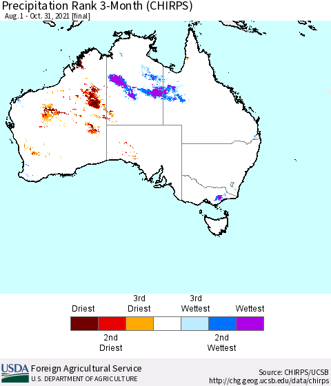 Australia Precipitation Rank since 1981, 3-Month (CHIRPS) Thematic Map For 8/1/2021 - 10/31/2021