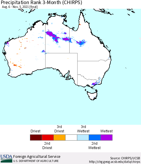 Australia Precipitation Rank since 1981, 3-Month (CHIRPS) Thematic Map For 8/6/2021 - 11/5/2021