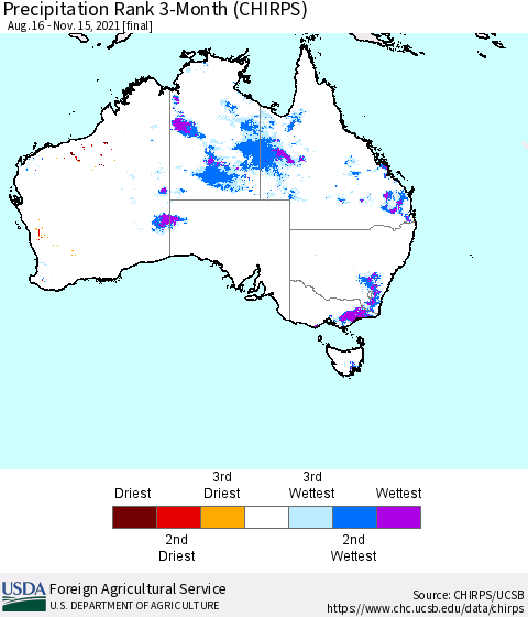 Australia Precipitation Rank since 1981, 3-Month (CHIRPS) Thematic Map For 8/16/2021 - 11/15/2021