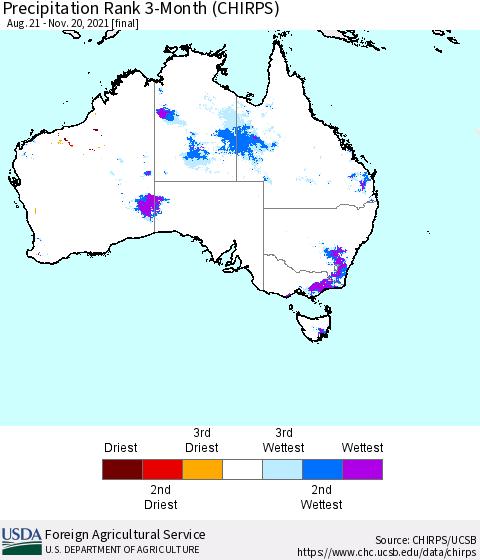 Australia Precipitation Rank since 1981, 3-Month (CHIRPS) Thematic Map For 8/21/2021 - 11/20/2021