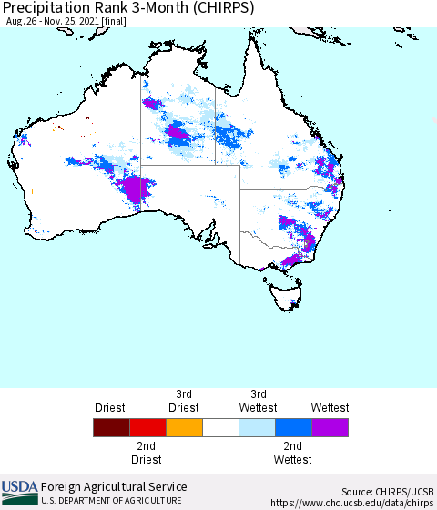 Australia Precipitation Rank since 1981, 3-Month (CHIRPS) Thematic Map For 8/26/2021 - 11/25/2021