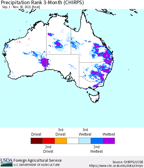 Australia Precipitation Rank since 1981, 3-Month (CHIRPS) Thematic Map For 9/1/2021 - 11/30/2021