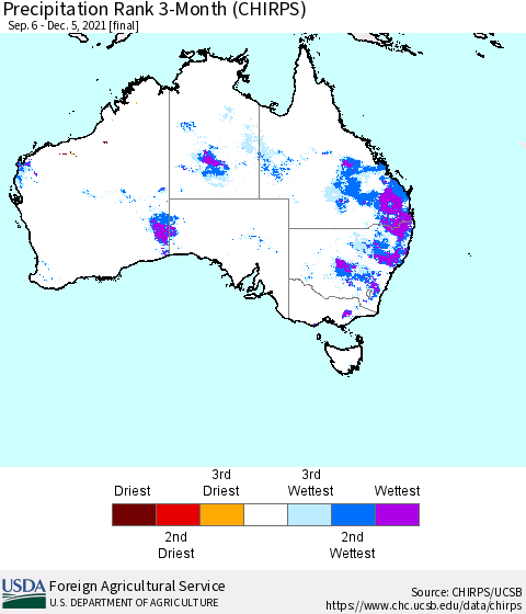 Australia Precipitation Rank since 1981, 3-Month (CHIRPS) Thematic Map For 9/6/2021 - 12/5/2021