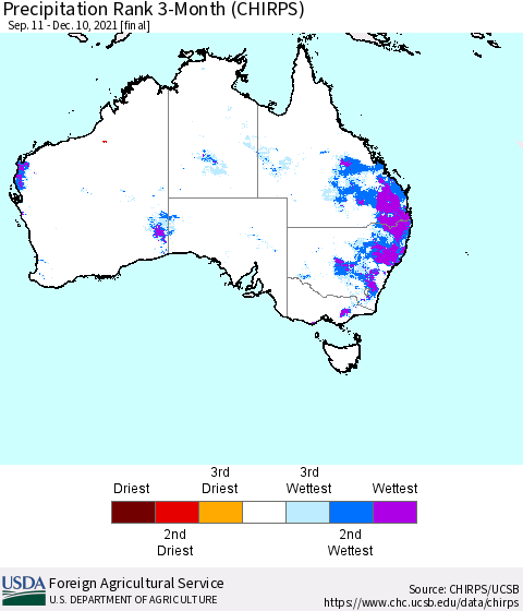 Australia Precipitation Rank since 1981, 3-Month (CHIRPS) Thematic Map For 9/11/2021 - 12/10/2021