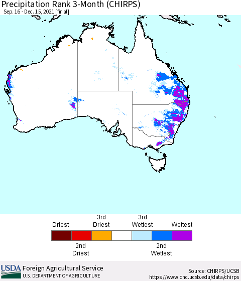 Australia Precipitation Rank since 1981, 3-Month (CHIRPS) Thematic Map For 9/16/2021 - 12/15/2021