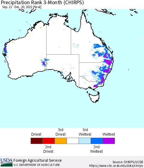 Australia Precipitation Rank since 1981, 3-Month (CHIRPS) Thematic Map For 9/21/2021 - 12/20/2021