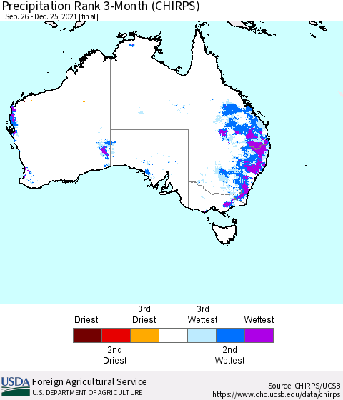 Australia Precipitation Rank since 1981, 3-Month (CHIRPS) Thematic Map For 9/26/2021 - 12/25/2021