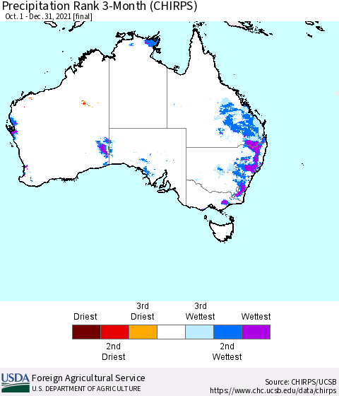 Australia Precipitation Rank since 1981, 3-Month (CHIRPS) Thematic Map For 10/1/2021 - 12/31/2021