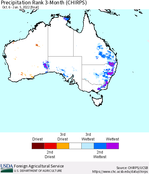 Australia Precipitation Rank since 1981, 3-Month (CHIRPS) Thematic Map For 10/6/2021 - 1/5/2022