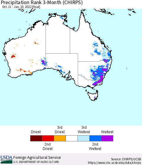 Australia Precipitation Rank since 1981, 3-Month (CHIRPS) Thematic Map For 10/11/2021 - 1/10/2022