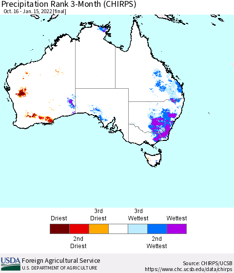 Australia Precipitation Rank since 1981, 3-Month (CHIRPS) Thematic Map For 10/16/2021 - 1/15/2022