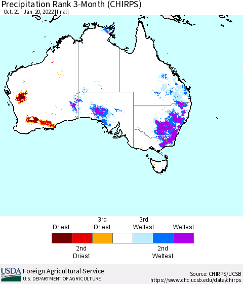 Australia Precipitation Rank since 1981, 3-Month (CHIRPS) Thematic Map For 10/21/2021 - 1/20/2022