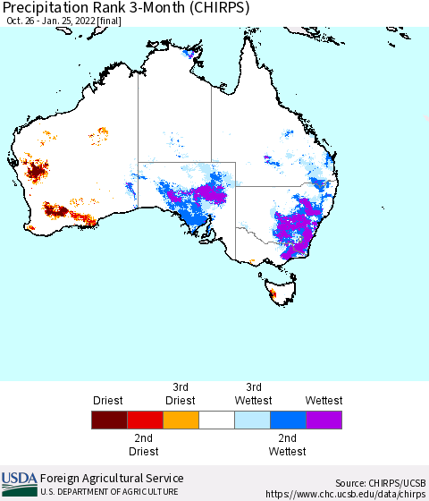 Australia Precipitation Rank since 1981, 3-Month (CHIRPS) Thematic Map For 10/26/2021 - 1/25/2022