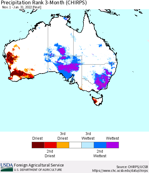 Australia Precipitation Rank since 1981, 3-Month (CHIRPS) Thematic Map For 11/1/2021 - 1/31/2022
