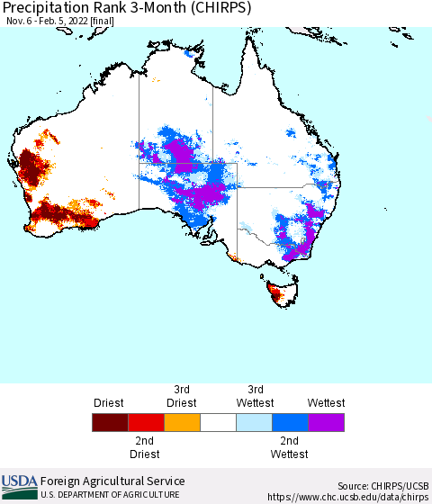 Australia Precipitation Rank since 1981, 3-Month (CHIRPS) Thematic Map For 11/6/2021 - 2/5/2022