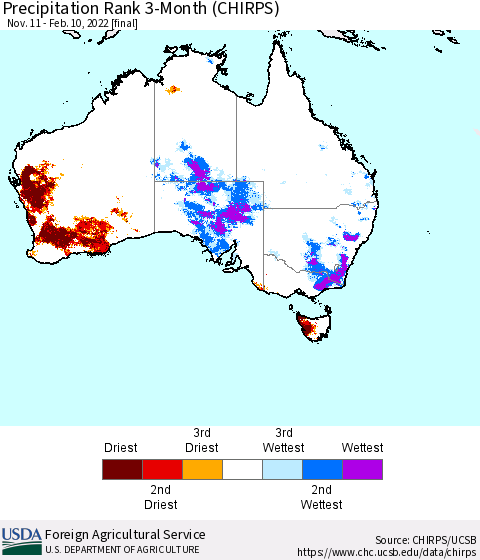 Australia Precipitation Rank since 1981, 3-Month (CHIRPS) Thematic Map For 11/11/2021 - 2/10/2022