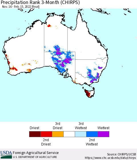 Australia Precipitation Rank since 1981, 3-Month (CHIRPS) Thematic Map For 11/16/2021 - 2/15/2022