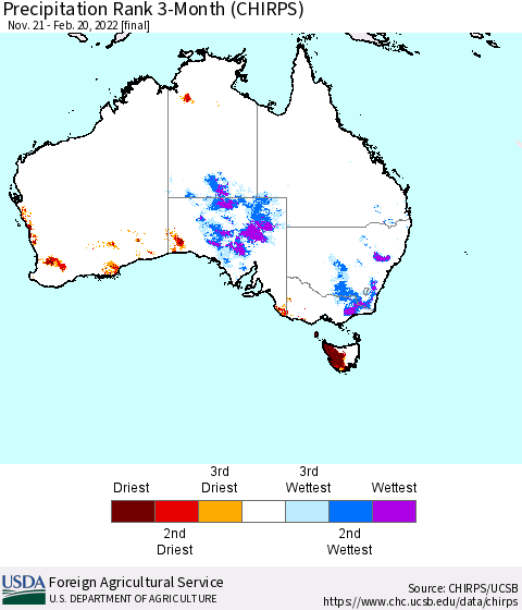 Australia Precipitation Rank since 1981, 3-Month (CHIRPS) Thematic Map For 11/21/2021 - 2/20/2022