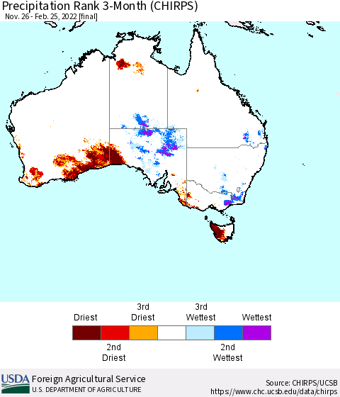 Australia Precipitation Rank since 1981, 3-Month (CHIRPS) Thematic Map For 11/26/2021 - 2/25/2022