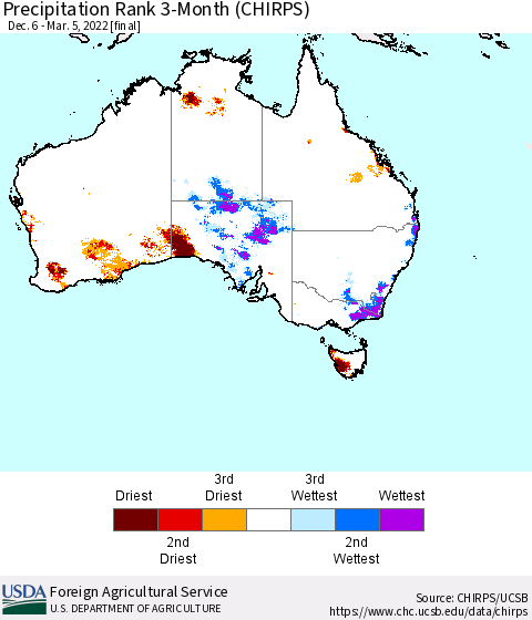 Australia Precipitation Rank since 1981, 3-Month (CHIRPS) Thematic Map For 12/6/2021 - 3/5/2022