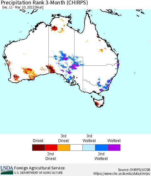 Australia Precipitation Rank since 1981, 3-Month (CHIRPS) Thematic Map For 12/11/2021 - 3/10/2022