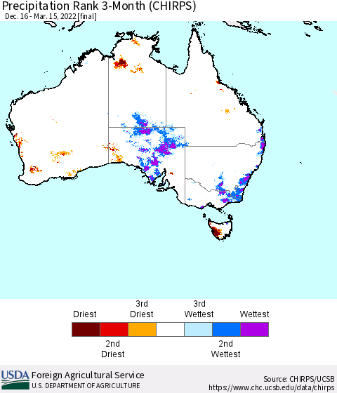 Australia Precipitation Rank since 1981, 3-Month (CHIRPS) Thematic Map For 12/16/2021 - 3/15/2022