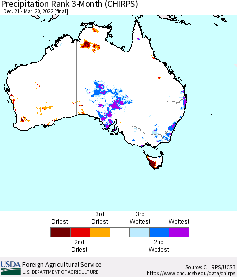 Australia Precipitation Rank since 1981, 3-Month (CHIRPS) Thematic Map For 12/21/2021 - 3/20/2022