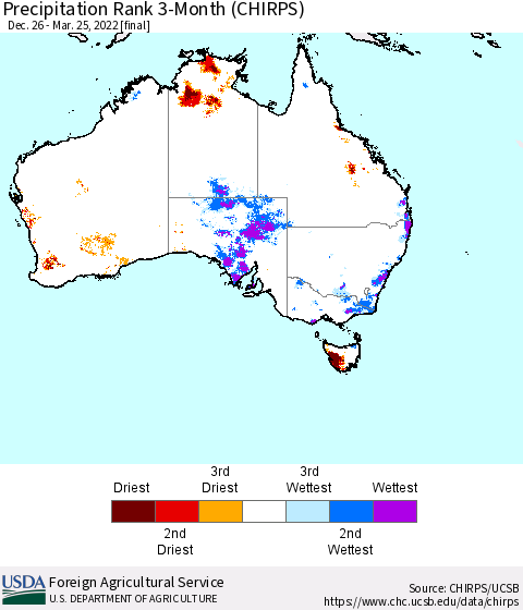 Australia Precipitation Rank since 1981, 3-Month (CHIRPS) Thematic Map For 12/26/2021 - 3/25/2022