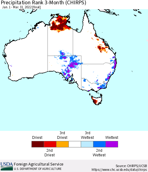 Australia Precipitation Rank since 1981, 3-Month (CHIRPS) Thematic Map For 1/1/2022 - 3/31/2022