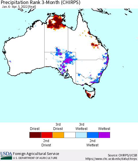 Australia Precipitation Rank since 1981, 3-Month (CHIRPS) Thematic Map For 1/6/2022 - 4/5/2022