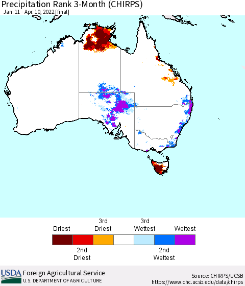 Australia Precipitation Rank since 1981, 3-Month (CHIRPS) Thematic Map For 1/11/2022 - 4/10/2022