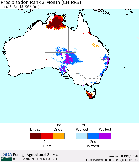 Australia Precipitation Rank since 1981, 3-Month (CHIRPS) Thematic Map For 1/16/2022 - 4/15/2022