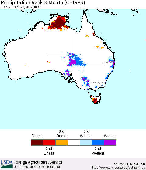 Australia Precipitation Rank since 1981, 3-Month (CHIRPS) Thematic Map For 1/21/2022 - 4/20/2022
