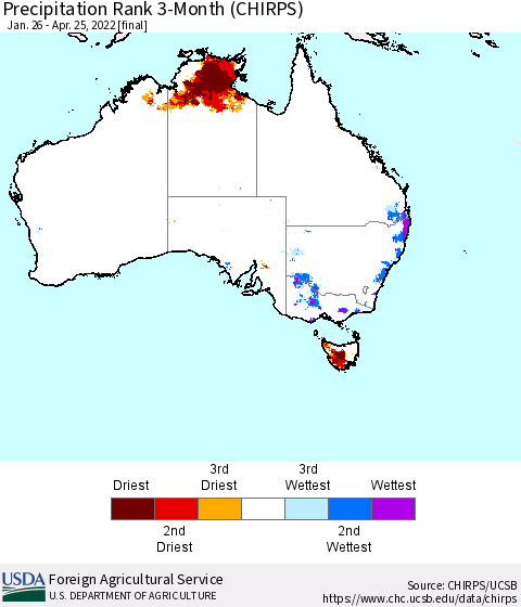 Australia Precipitation Rank since 1981, 3-Month (CHIRPS) Thematic Map For 1/26/2022 - 4/25/2022