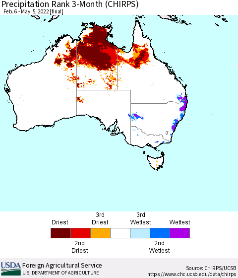 Australia Precipitation Rank since 1981, 3-Month (CHIRPS) Thematic Map For 2/6/2022 - 5/5/2022