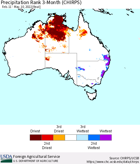 Australia Precipitation Rank since 1981, 3-Month (CHIRPS) Thematic Map For 2/11/2022 - 5/10/2022
