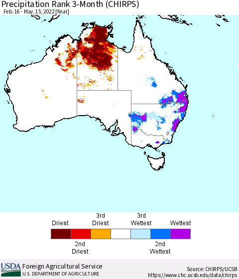 Australia Precipitation Rank since 1981, 3-Month (CHIRPS) Thematic Map For 2/16/2022 - 5/15/2022