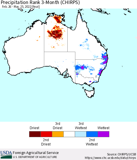 Australia Precipitation Rank since 1981, 3-Month (CHIRPS) Thematic Map For 2/26/2022 - 5/25/2022