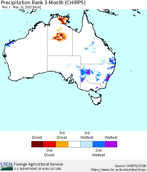 Australia Precipitation Rank since 1981, 3-Month (CHIRPS) Thematic Map For 3/1/2022 - 5/31/2022