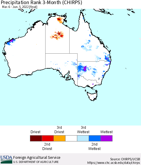 Australia Precipitation Rank since 1981, 3-Month (CHIRPS) Thematic Map For 3/6/2022 - 6/5/2022