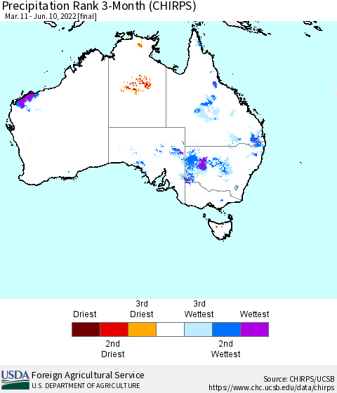 Australia Precipitation Rank since 1981, 3-Month (CHIRPS) Thematic Map For 3/11/2022 - 6/10/2022