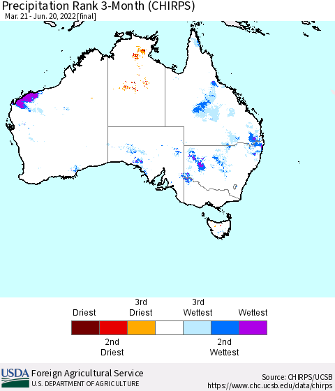 Australia Precipitation Rank since 1981, 3-Month (CHIRPS) Thematic Map For 3/21/2022 - 6/20/2022