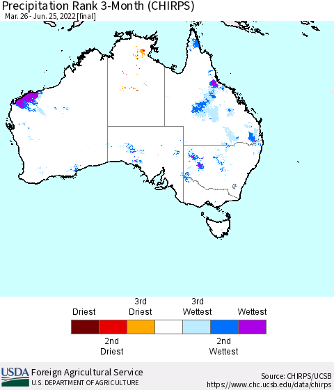 Australia Precipitation Rank since 1981, 3-Month (CHIRPS) Thematic Map For 3/26/2022 - 6/25/2022