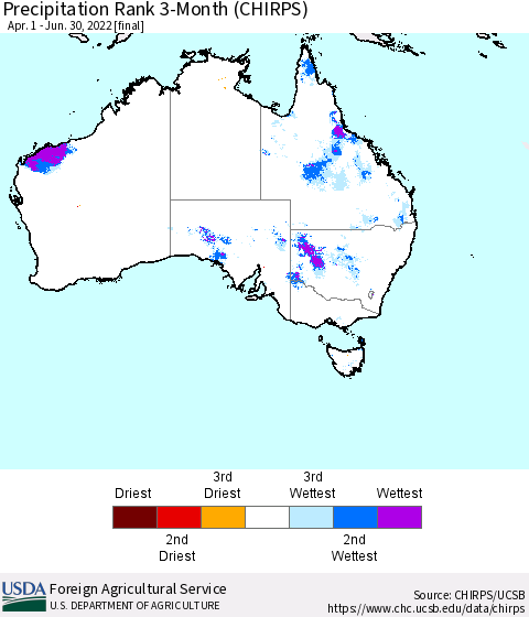 Australia Precipitation Rank since 1981, 3-Month (CHIRPS) Thematic Map For 4/1/2022 - 6/30/2022