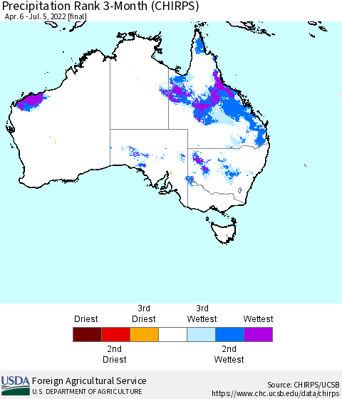 Australia Precipitation Rank since 1981, 3-Month (CHIRPS) Thematic Map For 4/6/2022 - 7/5/2022