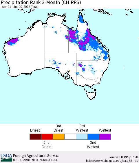 Australia Precipitation Rank since 1981, 3-Month (CHIRPS) Thematic Map For 4/11/2022 - 7/10/2022