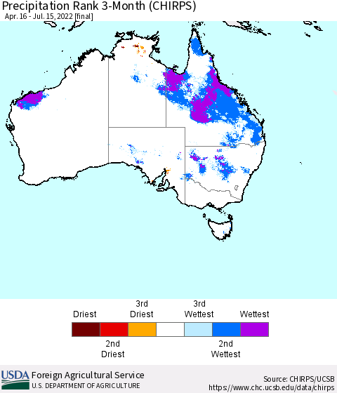 Australia Precipitation Rank since 1981, 3-Month (CHIRPS) Thematic Map For 4/16/2022 - 7/15/2022