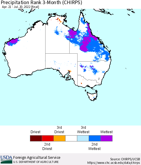 Australia Precipitation Rank since 1981, 3-Month (CHIRPS) Thematic Map For 4/21/2022 - 7/20/2022