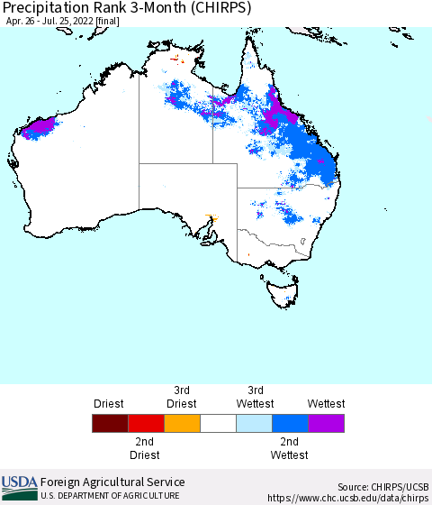 Australia Precipitation Rank since 1981, 3-Month (CHIRPS) Thematic Map For 4/26/2022 - 7/25/2022